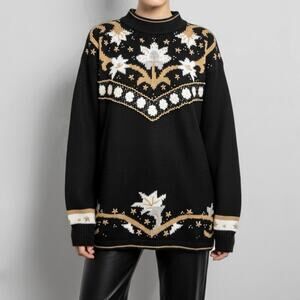 80s Gold Silver Christmas Mock Neck Sweater Festive Holiday Metallic Grandma M